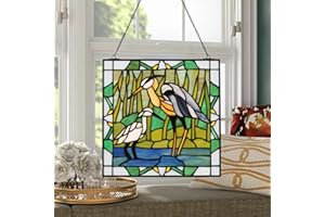 YOURANJU Square Stained Glass Window Hanging Handmade Tiffany Style 12” Window Panel Perfect for Living Room Bedroom Kitchen Decoration Housewarming Gift (Heron)