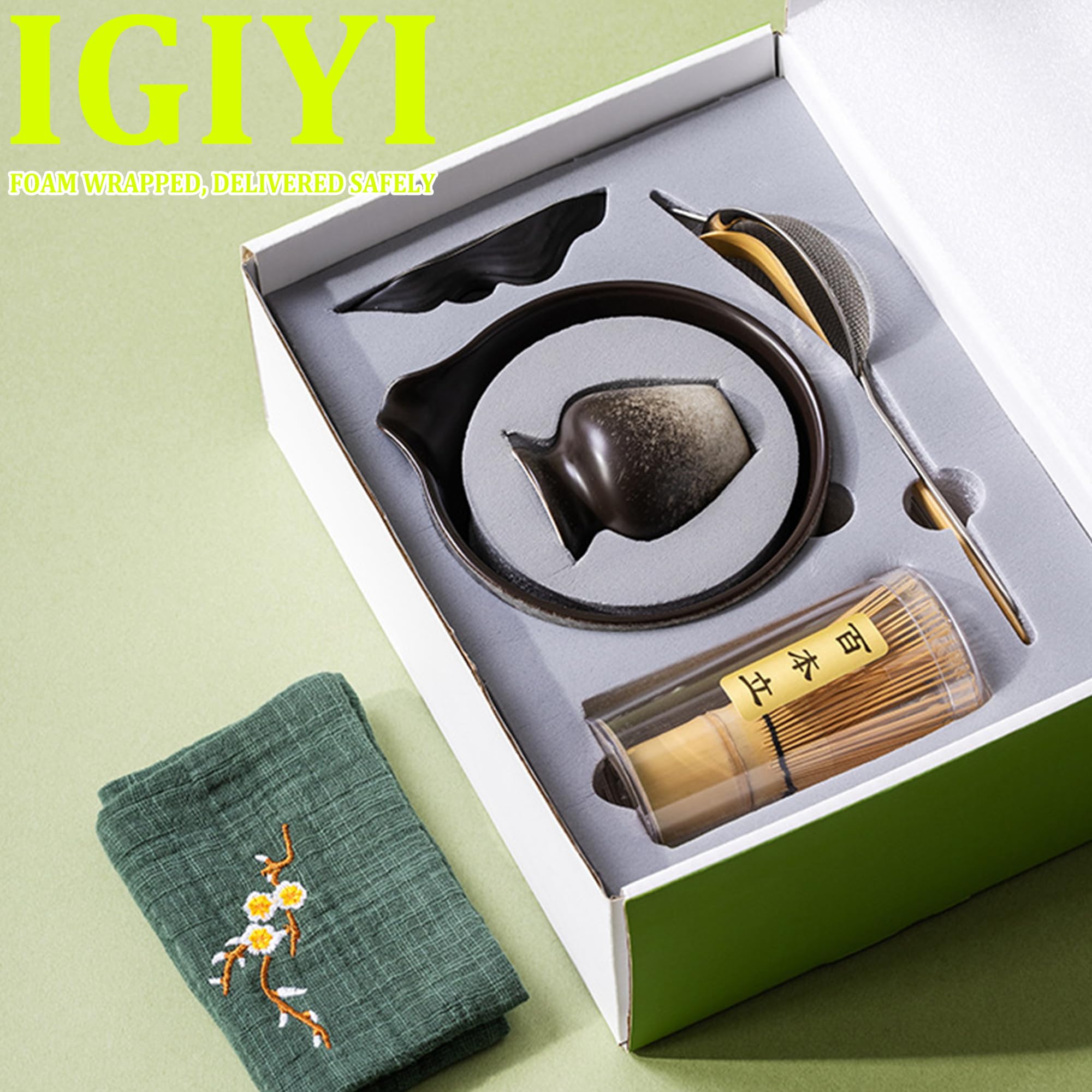 ​​Japanese Matcha Set 7pcs - Ceramic Bowl & Hyaku Hon Tachi Bamboo Whisk (Chasen), Chashaku Spoon, Strainer, Cloth - Traditional Tea Ceremony Kit​