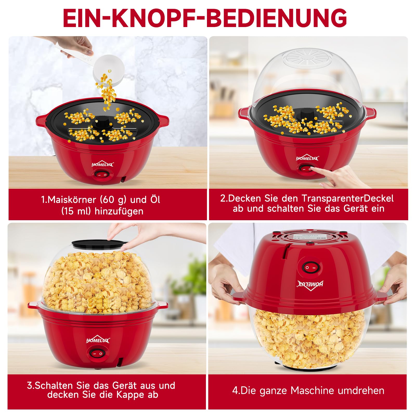 HOMELUX Popcornmaschine Popcorn Maker 450W Mini Popcorn Maschine mit Messlöffel Antihaftbeschichtung Snack Popcorn Popper für Zuhause Party Kinder, Deckel als Servierschale, Stille & Schnelle Rot 6
