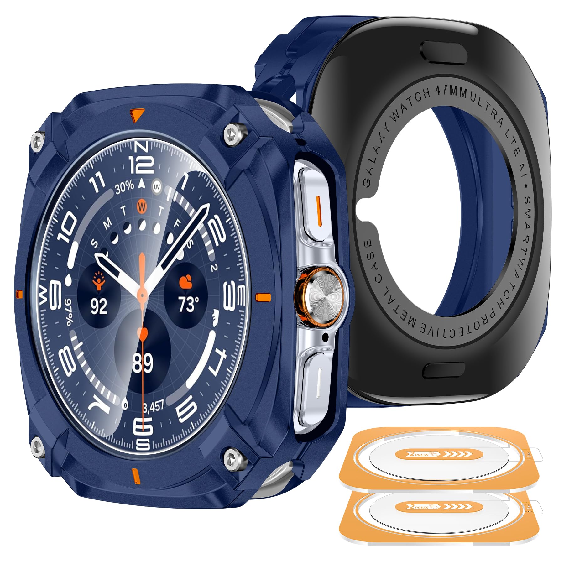 YMHML 3 in 1 Metal Case for Samsung Galaxy Watch Ultra Screen Protector 47mm, Unique Stylish Rugged Protective Bumper + Hard PC Back Cover + 2PCS Tempered Glass Film for Galaxy Ultra, Blue/Orange