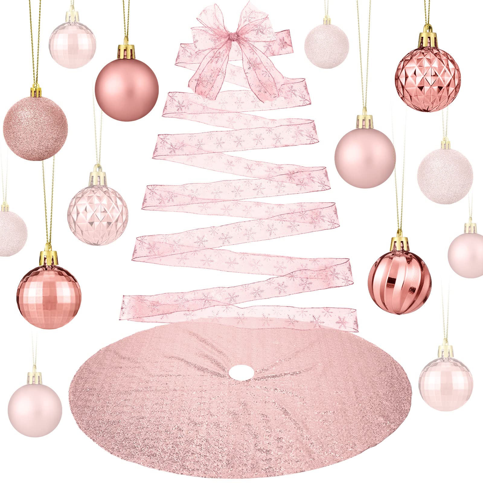 Photo 1 of 22 Pcs Christmas Tree Skirt Sequins Decoration Set Glitter Snowflakes Wired Ribbon with 20 Pcs Christmas Ball Ornaments for Xmas Tree New Year Birthday (Rose Gold)