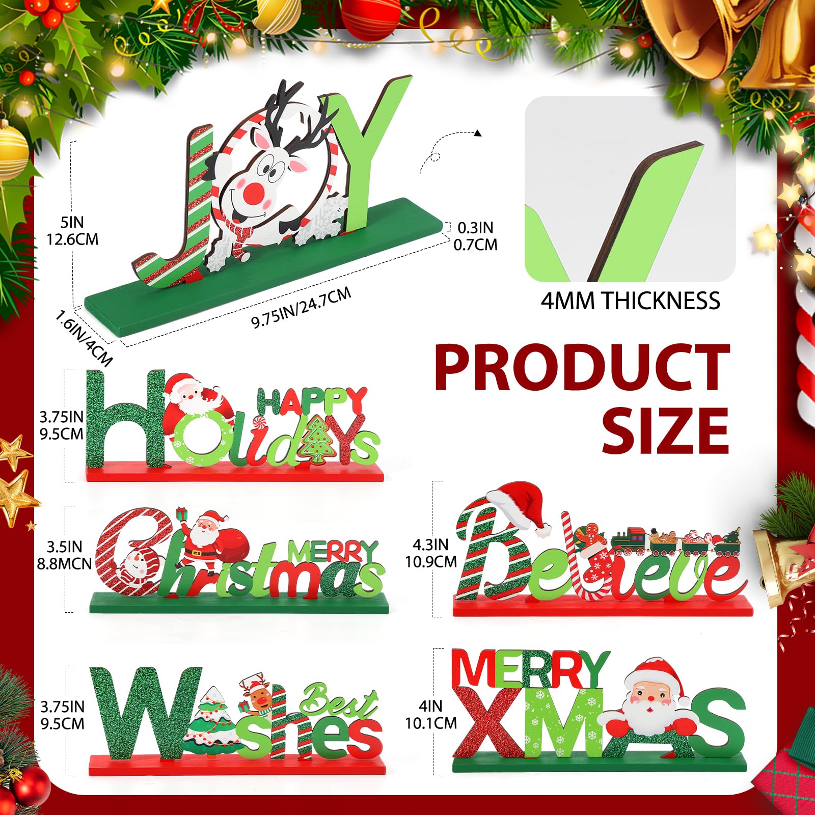 Hommtina 6 Pcs Christmas Table Decorations, Merry Christmas Tabletop Wooden Sign Indoor Christmas Decorations for Dinner Party Coffee Table