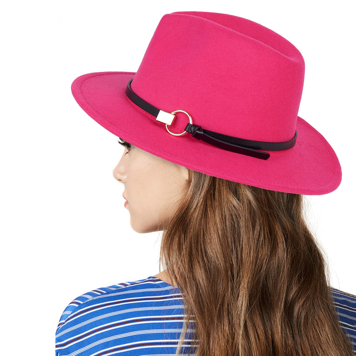 Women Pink Fedora Lady Classic Wide Brim Belt Buckle Wool Felt Fedora