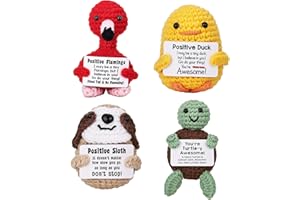 ELLA & EMMA 4pcs Cute Crochet Animal Dolls with Positive Cards – Mini Sloth, Duck, Turtle & Flamingo – Handmade Emotional Support Gifts for Friends, Women & Men – Funny Desk Décor for Birthday, Christmas