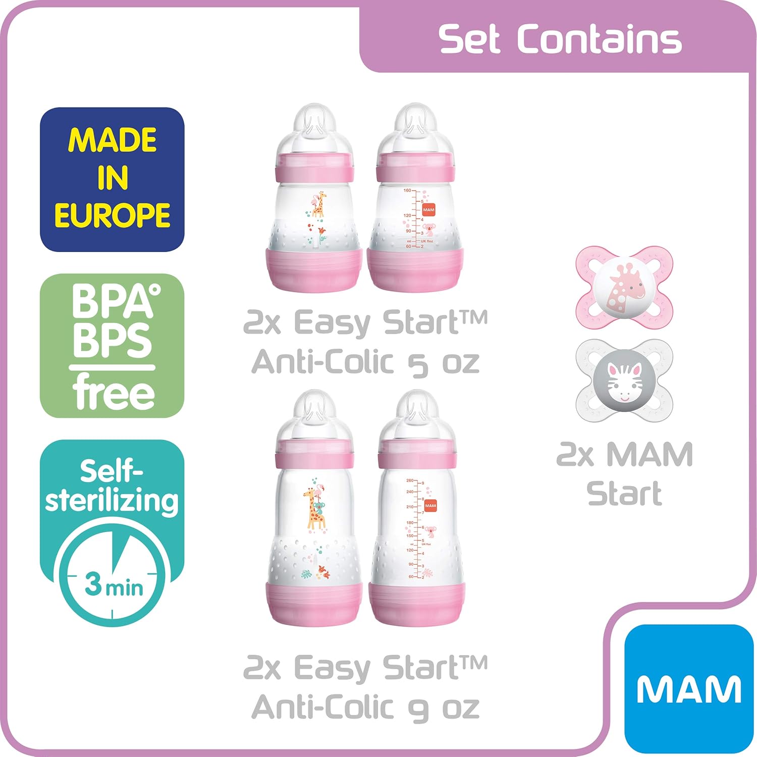 MAM Newborn Essentials "Feed & Soothe" Set (6-Piece), Easy Start Anti-Colic Baby Bottles, 0-2 Month Pacifier, Baby Shower Gifts for Baby Girl, Pink : Baby Gift Baskets : Baby