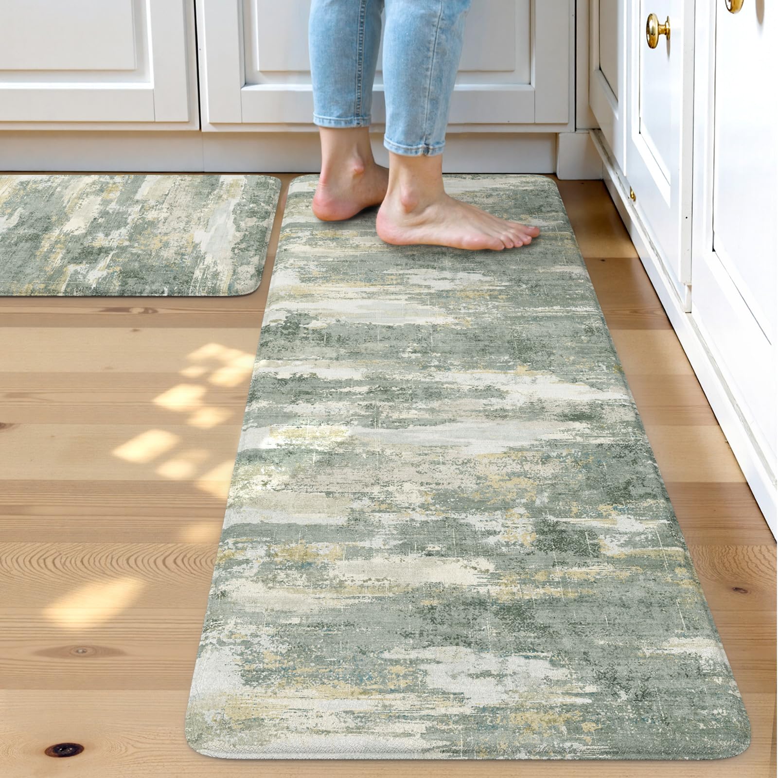 Photo 1 of Collive Anti Fatigue Kitchen Mats, Grey/Green Abstract Kitchen Rugs Sets of 2 Non Slip Waterproof Standing Mat, Cushioned Comfort Desk Rug for Home Office, Sink, Laundry, 17"x29"+17"x47"