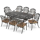 MEETWARM 9-Piece Outdoor Patio Dining Set- 8 Outdoor Dining Cushioned Chairs and 1 Oval Table with 2" Umbrella Hole, All Weather Cast Aluminum Patio Funiture Set for Backyard, Patio, Garden