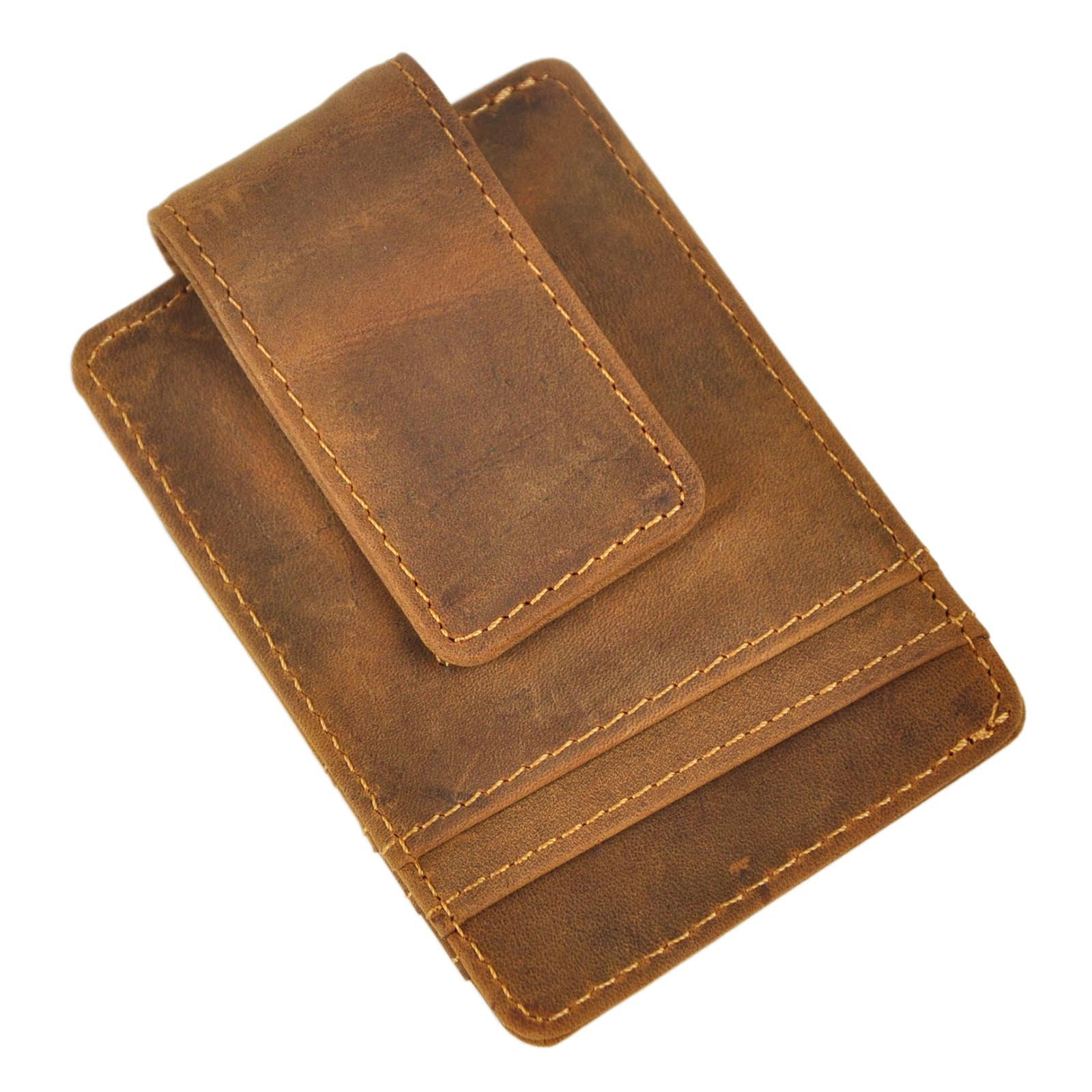 Le'aokuu Mens Genuine Leather Cowhide Magnet Money Clip Credit Case Case Holder Slim Wallet 1058 (1058 Light Brown)