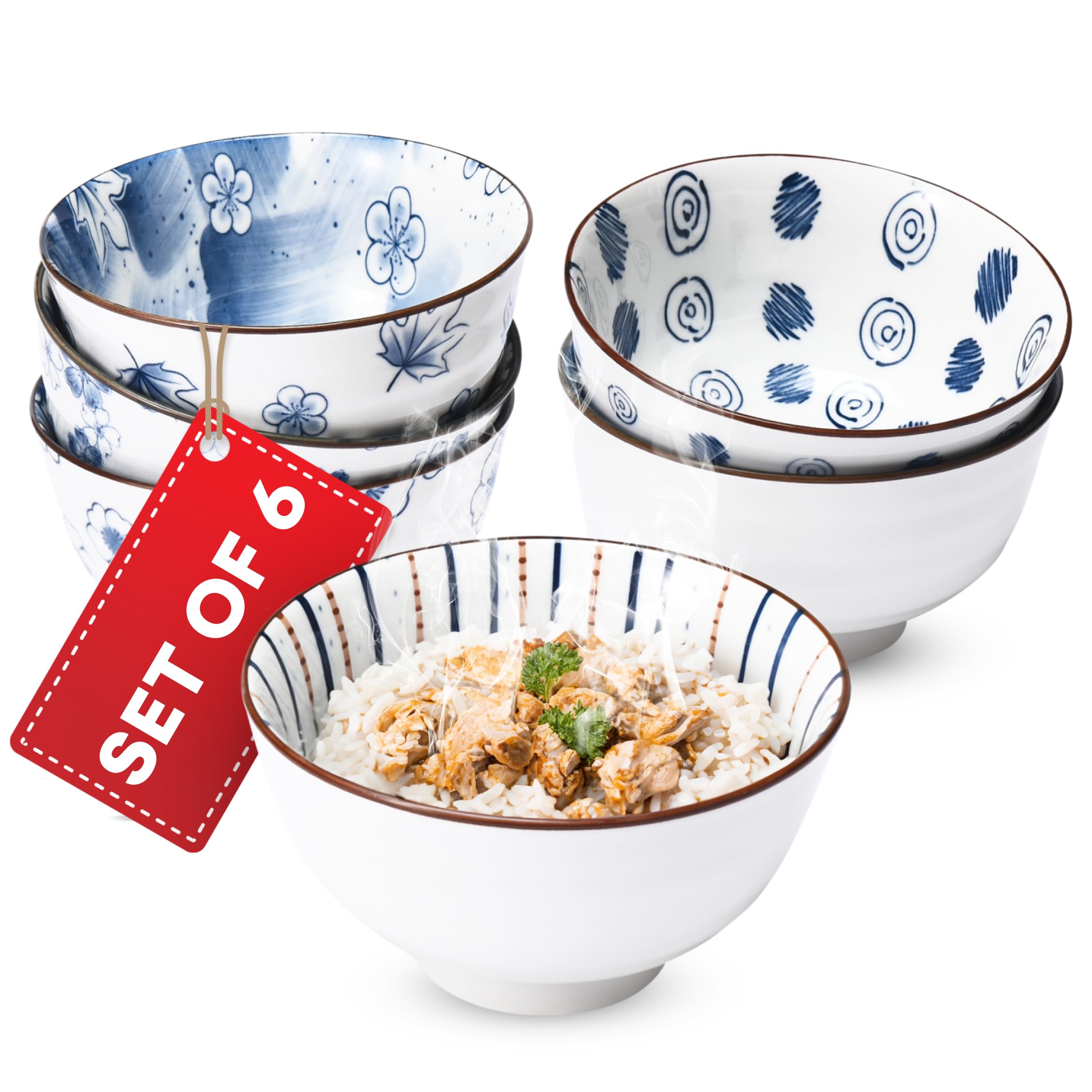 Photo 1 of Kirosaku Japanese Rice Bowls Set of 6 - Porcelain Cereal Bowl in Vintage Blue White Design - Stackable Ceramic Dinner Set for Rice, Salad & Soup - Microwaveable & Oven Safe - 4.7"x2.6" per Bowl