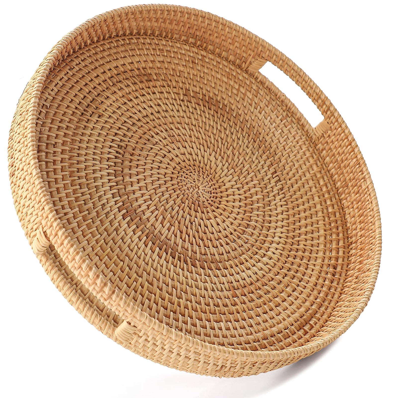 Photo 1 of HITOMEN 11.8" Hand-Woven Round Rattan Serving Tray Decorative Wicker Trays with Handles for Coffee Table (Natural-M)