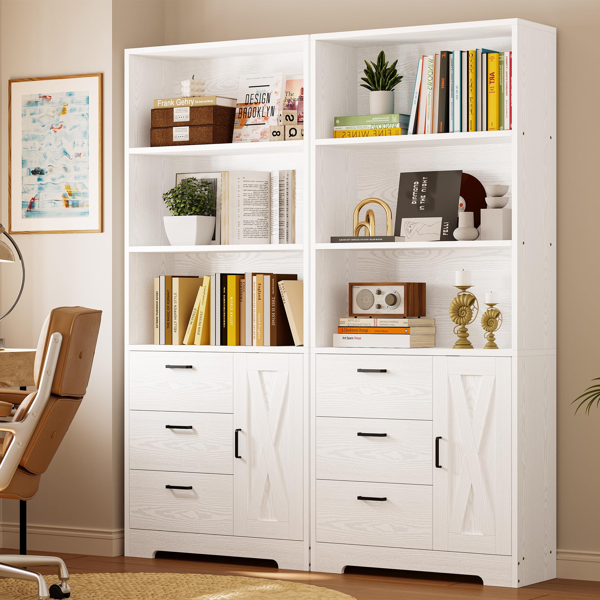 IRONCK Bookshelf with Door and 3 Drawers, 71in Tall