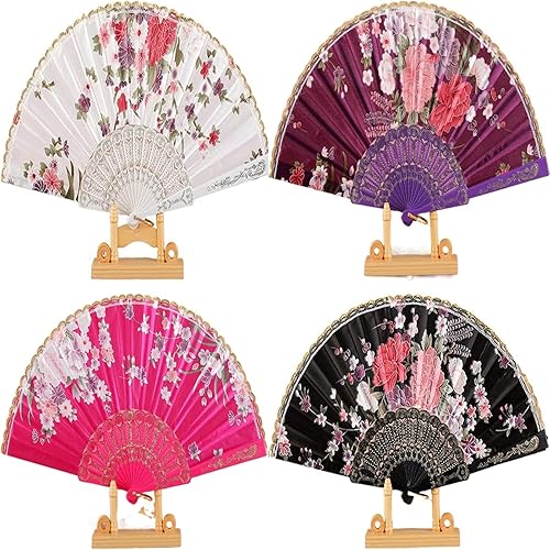 EXQUIMA 4 Chinese Fan, Handmade Chineses Folding Fans, Silk Cloth Gold Edged Fans, Traditional Chineses Dance Fans, Classic Chinese Fan with Handcraft
