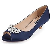 ERIJUNOR Women Comfort Low Kitten Heels Rhinestones Peep Toe Wedding Evening Party Shoes Dress Pumps