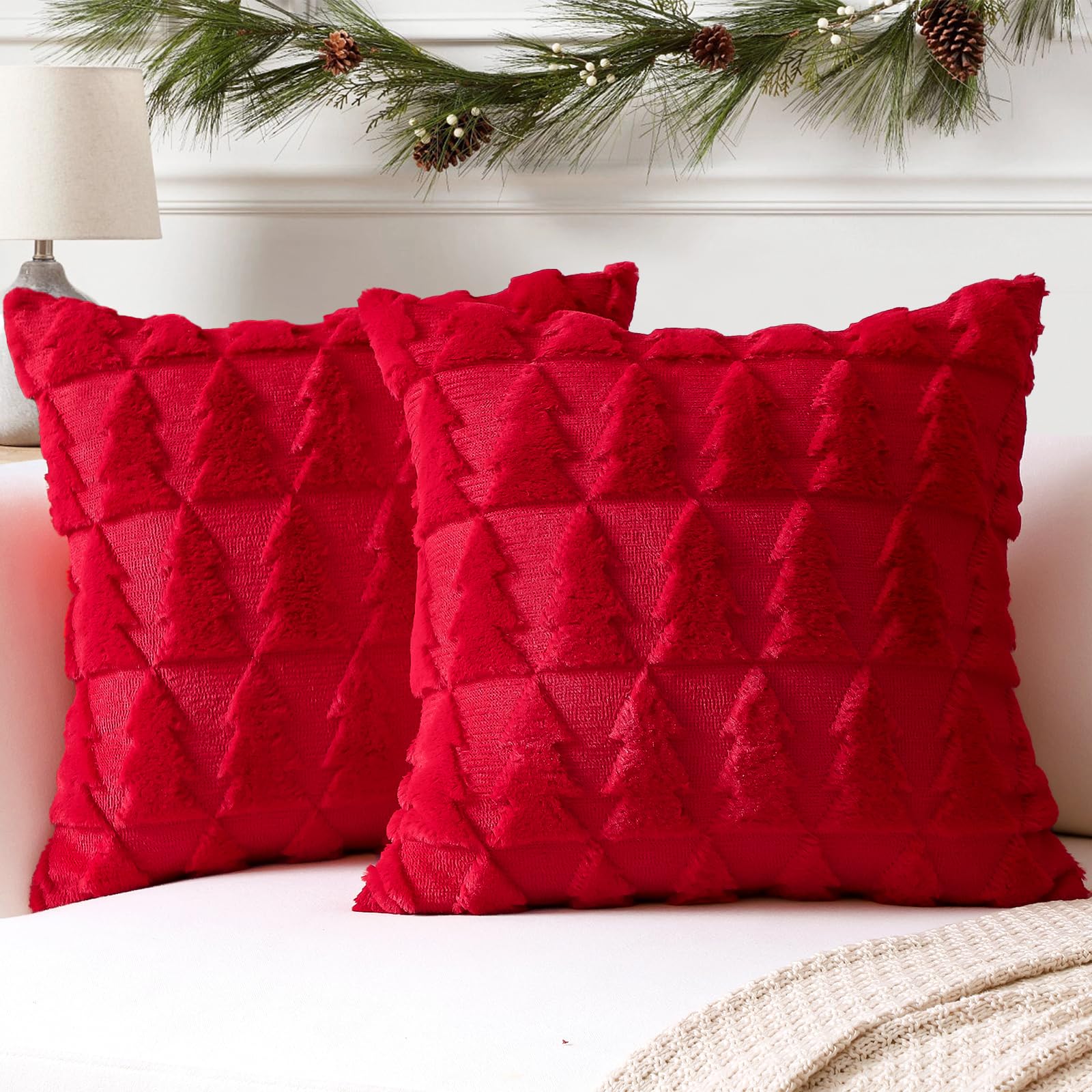 Artscope Set of 2 Xmas Soft Plush Short Wool Velvet Decorative Cushion Covers 60x60cm Square Luxury Style Throw Pillow Covers Pillow Shell for Sofa Bedroom Christmas Tree Red