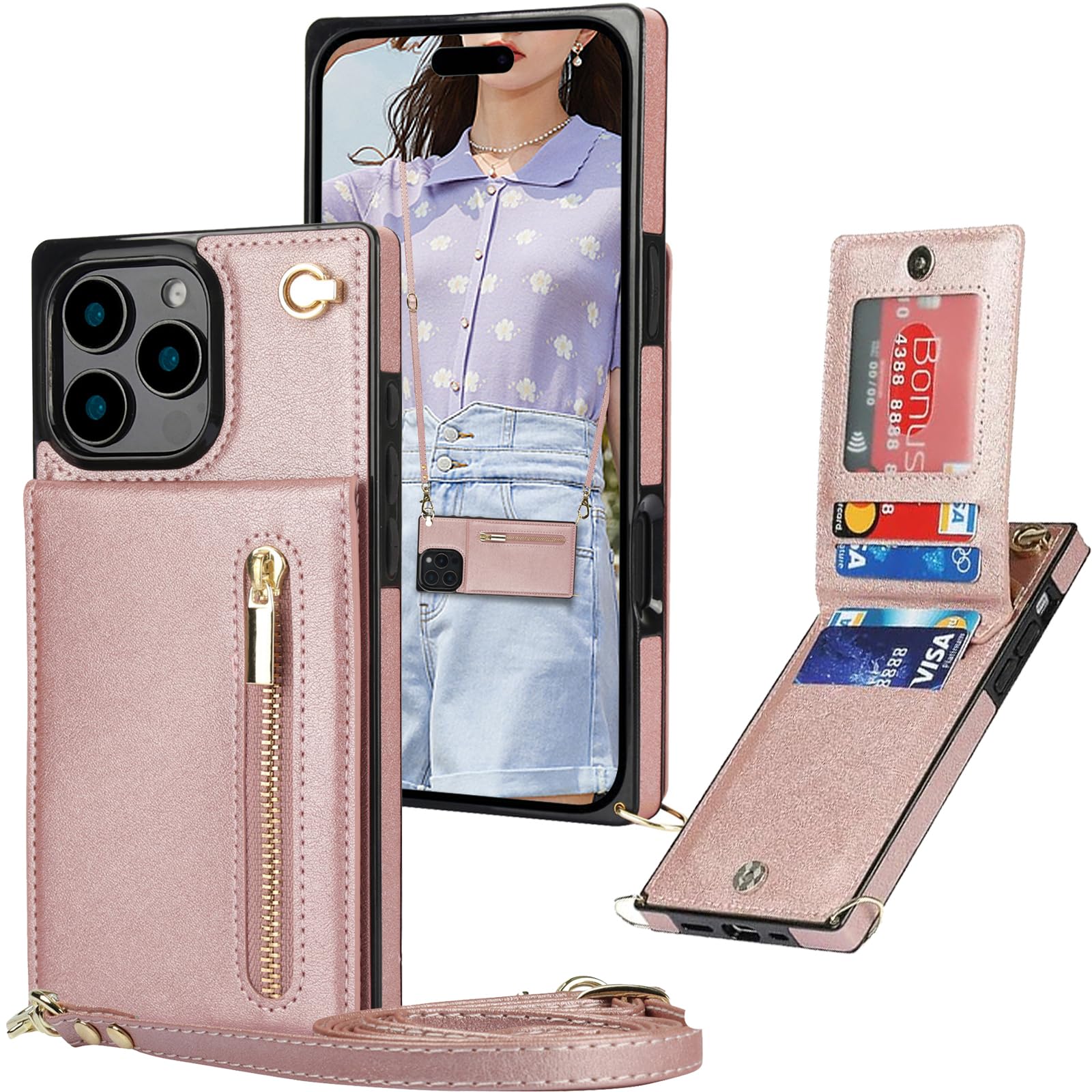Ysnzaq Wallet Case for iPhone 16 Pro 6.3" with Crossbody Lanyard Strap & Credit Card Holder for Women, PU Leather Zipper Purse Flip Folio Cover Case for iPhone 16 Pro/Apple 16 Pro. XK-Rose Gold