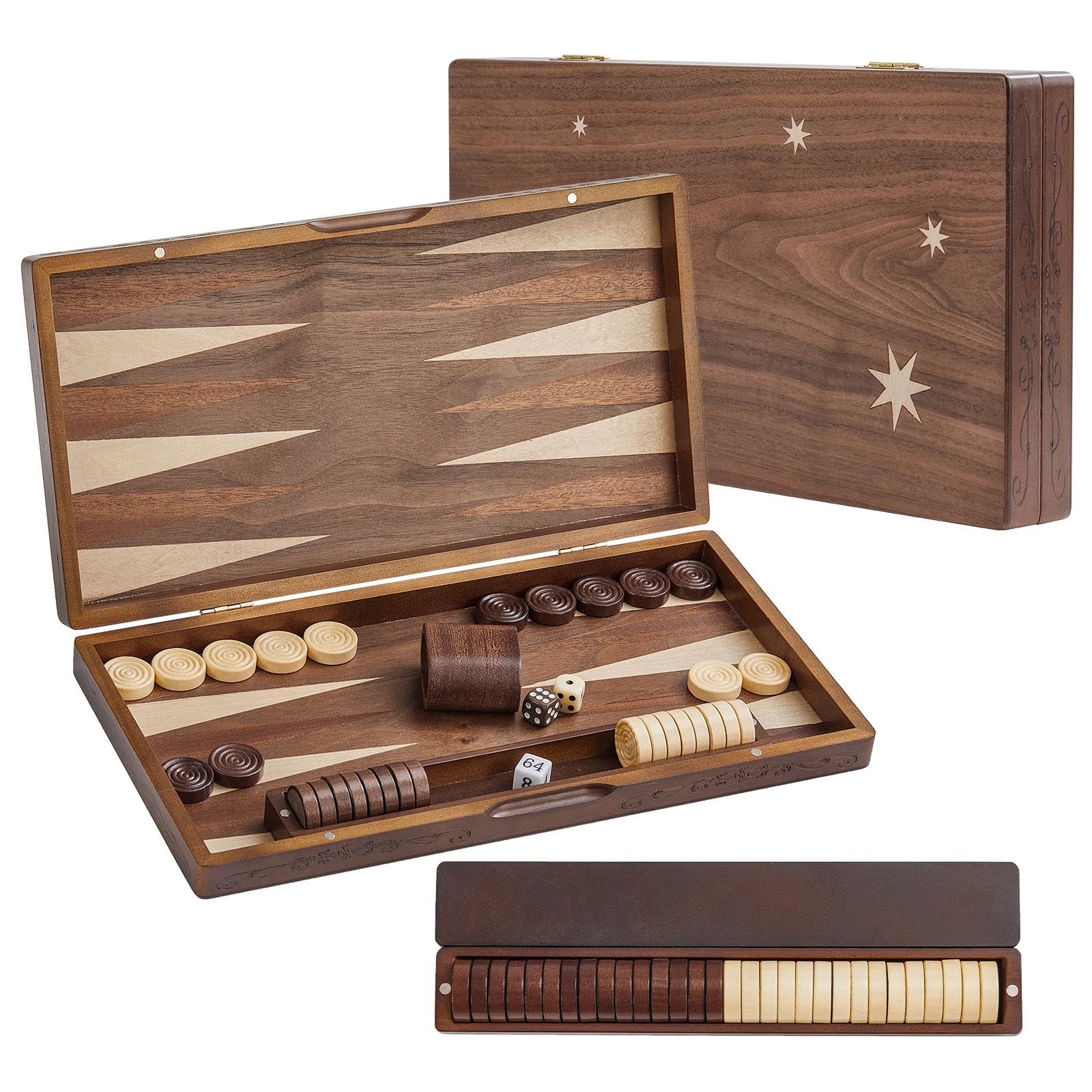 Backgammon Sets for Adults with 15.7 Inch Wooden Board and Wooden Dice Cups | Large Folding Travel Game | Premium Portable Backgammon