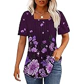 OFEEFAN T Shirts for Women Pleated Square Neck Dressy Casual Blouses Puff Short Sleeve Summer Tops Loose Fit