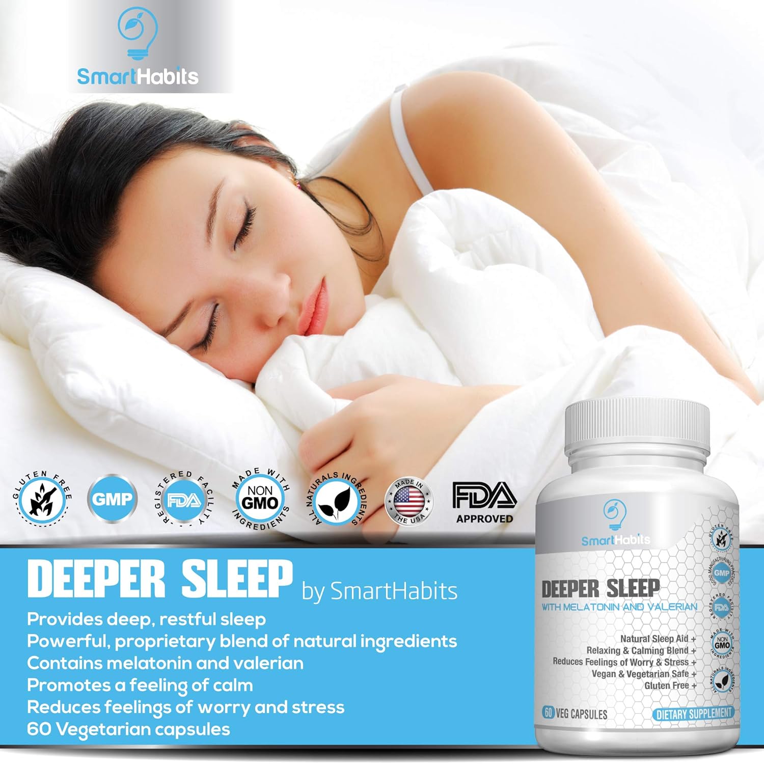 Amazon.com: SmartHabits Deeper Sleep Natural Sleeping Aid with Melatonin and Valerian Root | Vegan | 60 Veg Caps Non-Habit Forming, Herbal Adult Pills ...