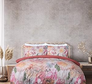 Sleepdown Bettwäscheset, 100% Reine Baumwolle, großes Blumenmuster, Verschiedene dunkle Rosen, einfarbig, wendbar, weich, pflegeleicht, Doppelbett (200 x 200 cm)