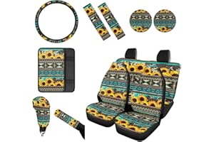 Wanyint Southwest Aztec Sunflower Car Seat Covers Full Set, with Front Rear Seat Protector Steering Wheel Cover Seat Belt Strap Cover Armrest Pad Handbrake Cover Gear Shift Cover Coasters Auto Decor