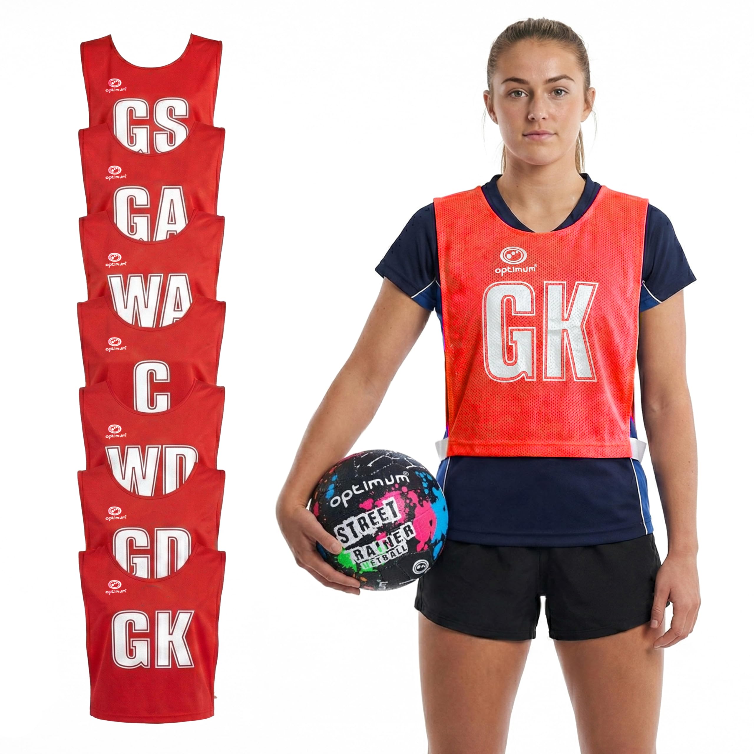 Optimum Mesh Netball Training Bibs -Perfect for Netball, Football, Rugby - Juniour Size. Pack of 7, Red