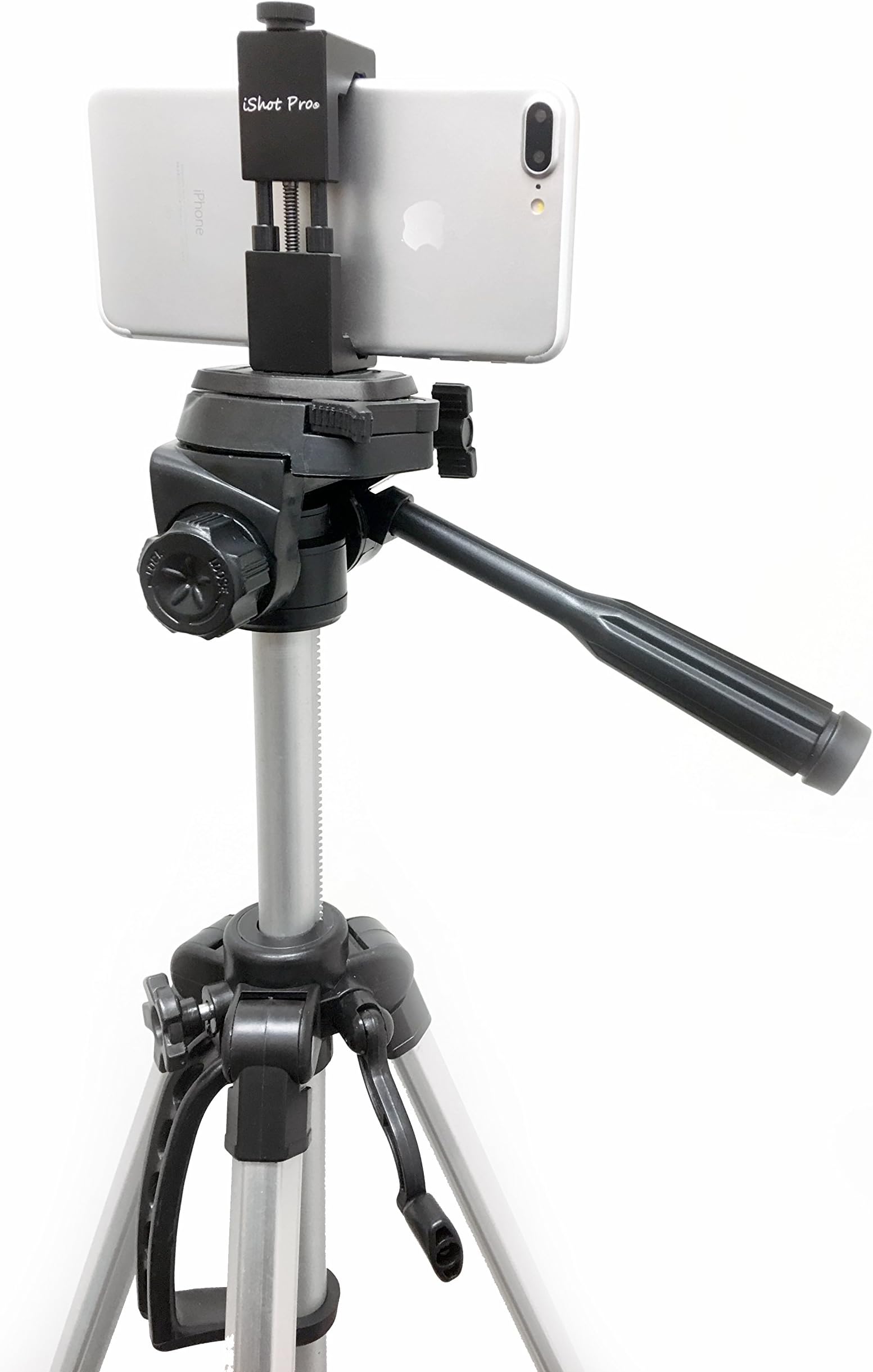 iShot Pro SecureGrip Metal iPhone Universal Smartphone Tripod Monopod Mount Adapter Holder + 60" HD Pan Head Camera Tripod with Bag Bundle Kit - Compatible with iPhone & Smartphone 2.5-3.6 inches
