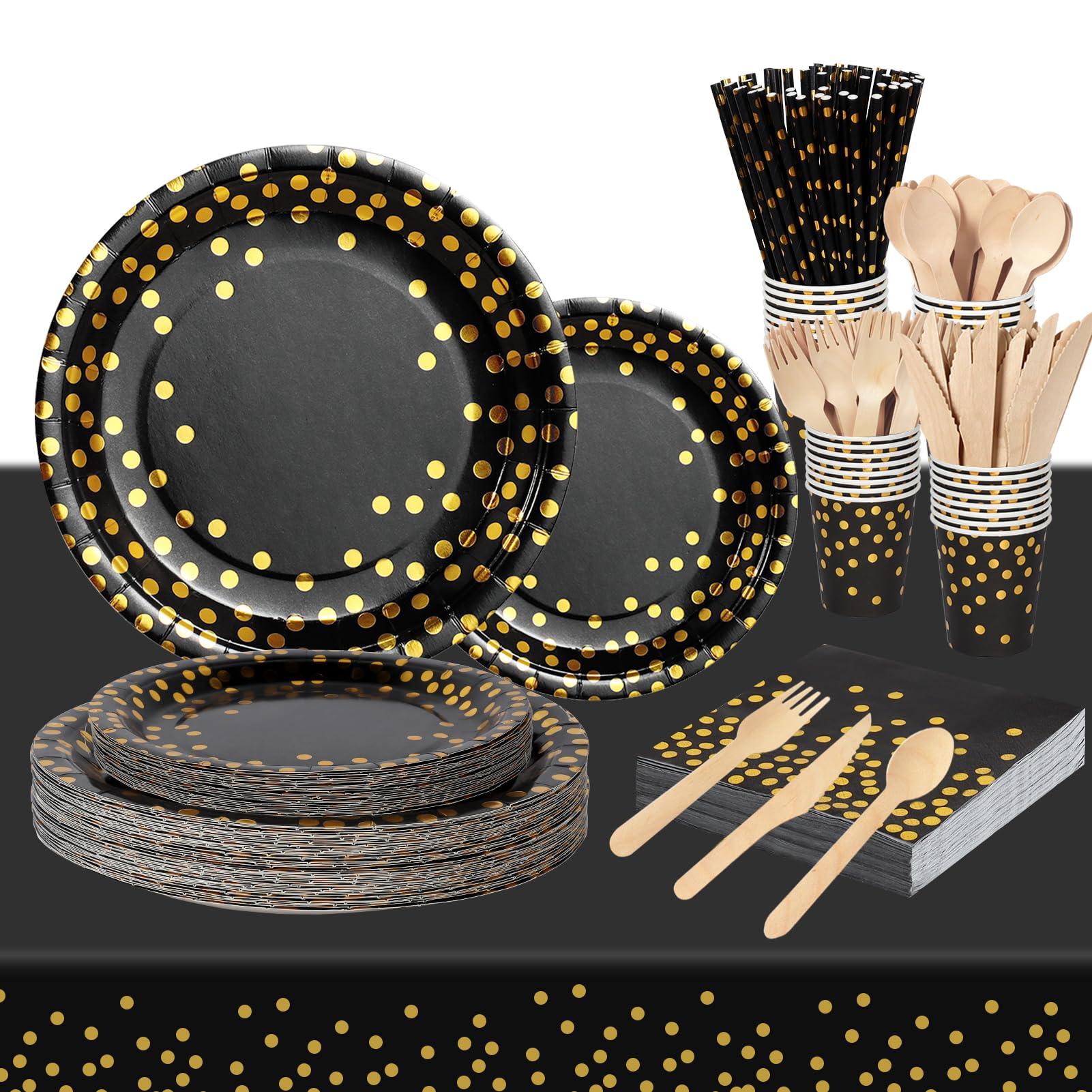 Nkaiso Party Tableware Black Gold 193 Pieces Paper Party Supplies Set Includes Paper Plates Napkins Cups Cutlery, for Wedding Shower, Engagement, Wedding, Birthday -24 Guests