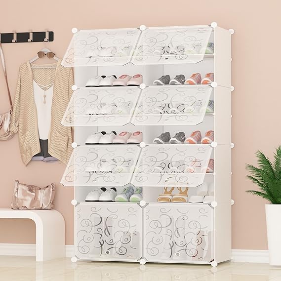 PREMAG Portable Shoe Storage Organizer Tower, Weiß mit transparenten Türen, Modular Cabinet Regale für platzsparende, Schuhre
