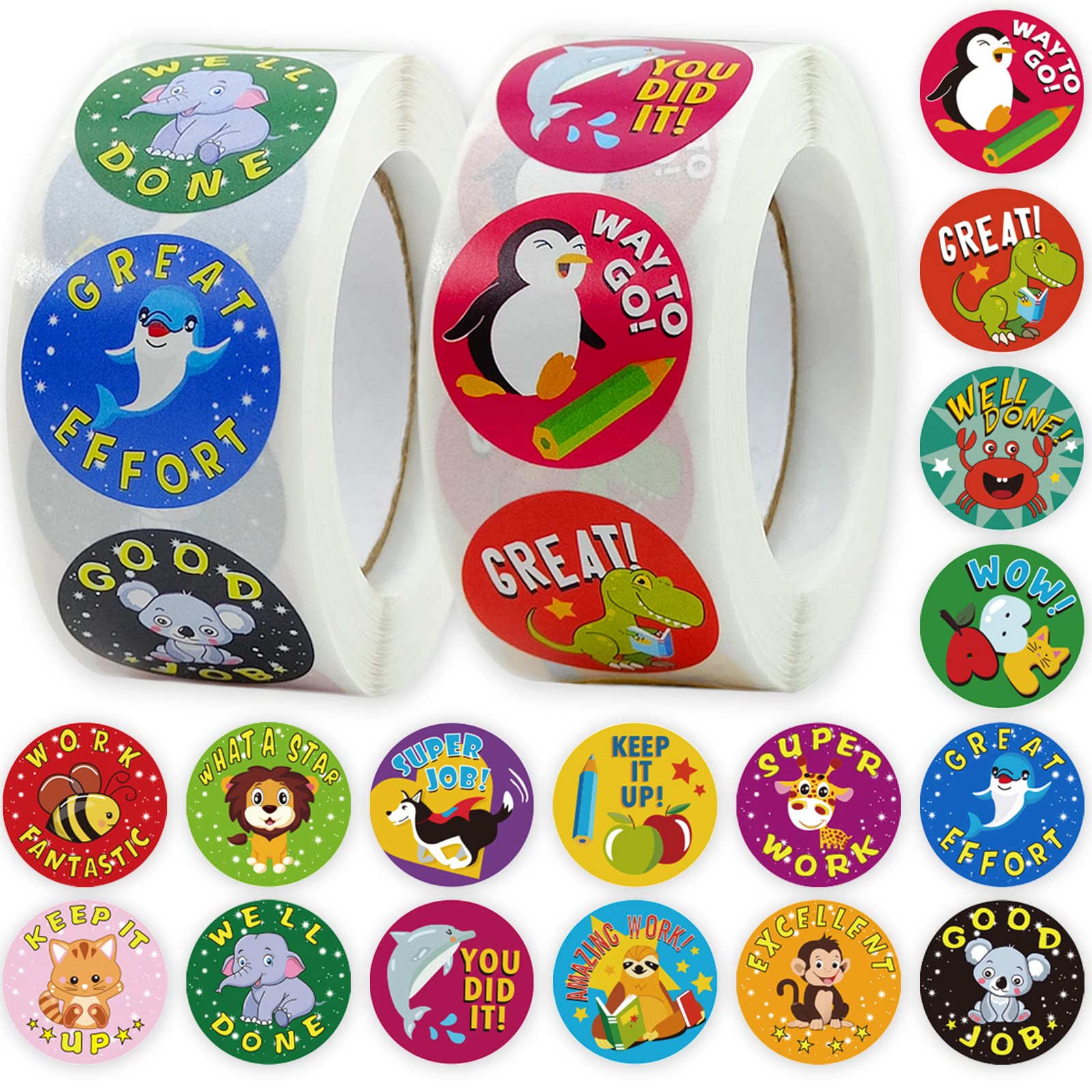 ExceLife 1000 Pcs Reward Stickers for Kids, School Training and Motivational Stickers Classwork Award Stickers Teacher Supplies for Classroom, 2 Rolls 16 Styles Labels (Animal)