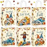 Pasimy 32 Pcs Thanksgiving Gift Treat Bags Fall Gift Goodie Bags Autumn Candy Paper Bag with Handles Pumpkin Maple Leaves Scarecrow Thankful Pouch for Fall Harvest Thanksgiving Party Favors Supplies