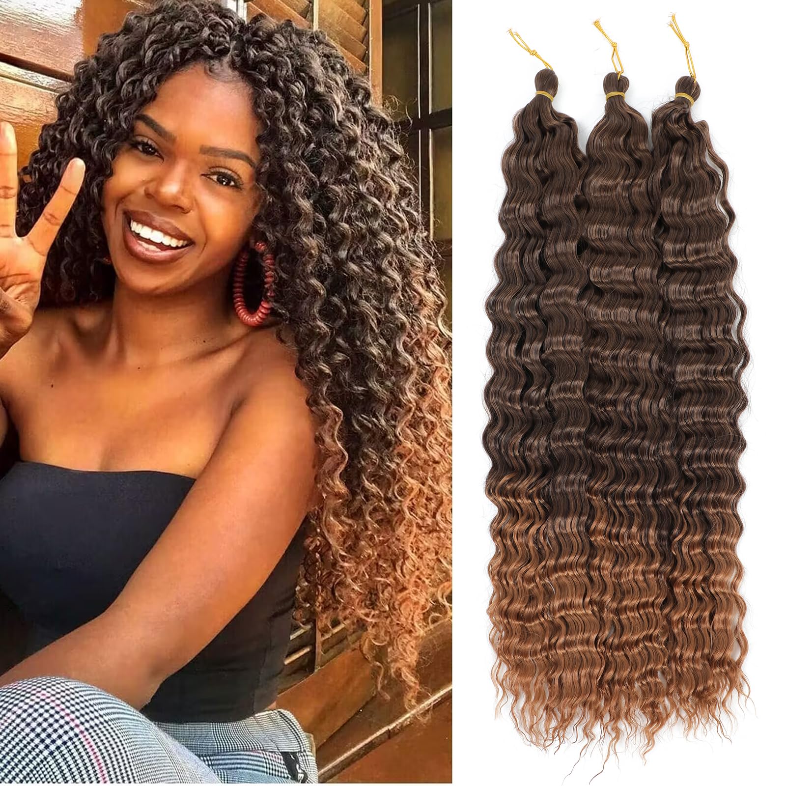 MLETULIPS Ocean Wave Crochet Hair Extensions Deep Wave Braiding Crochet Hair Soft Synthetic Curly Braiding Crochet Hair for Black Women (T4/30#, 22 inch (pack of 3๏ผ) โ image 1