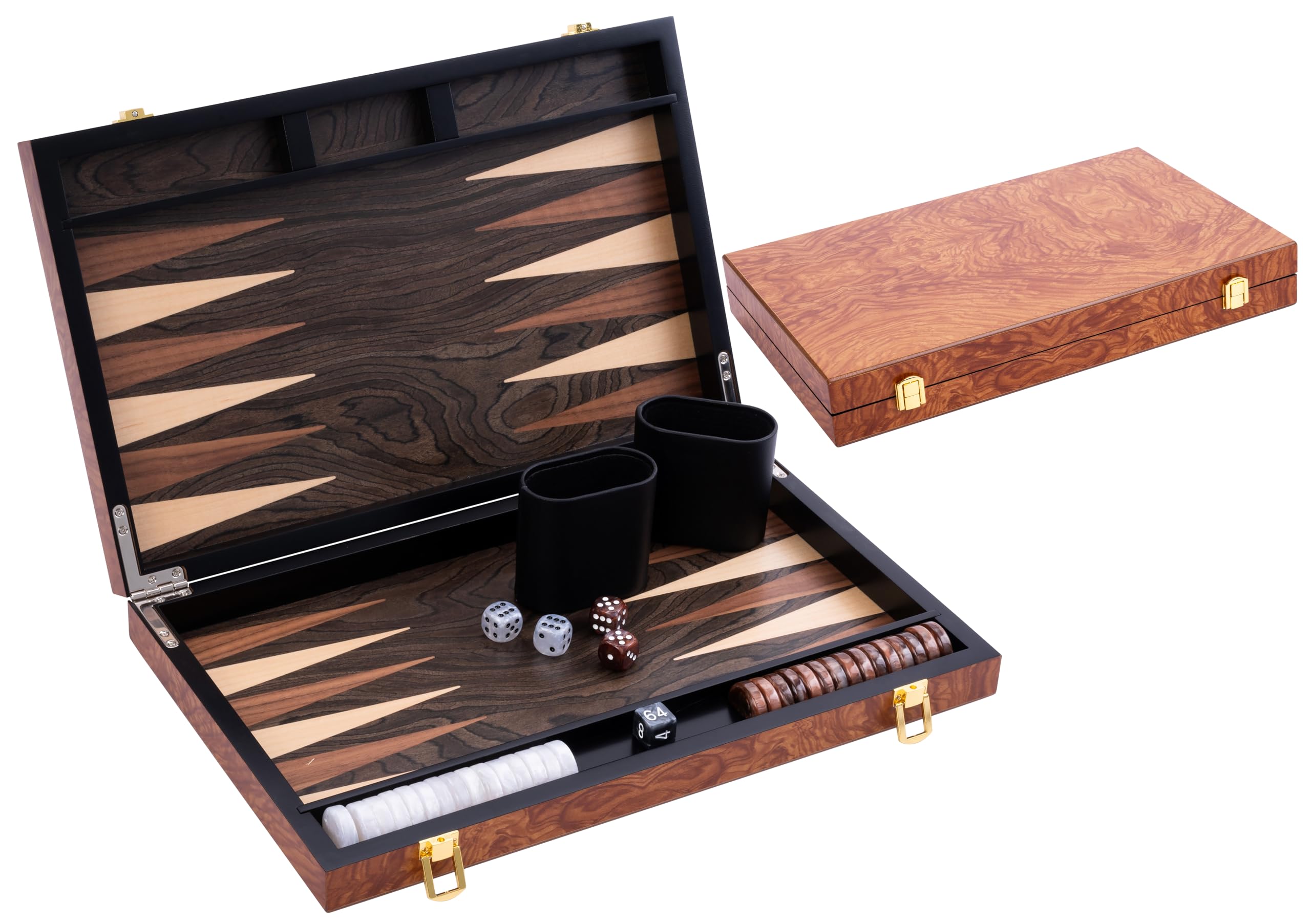 Engelhart โ 250540 โ Deluxe 15-inch Backgammon Set with Varnished Rosewood Veneer โ Metal Closure โ Pearly Dice, Chips, and Wooden Cups Included โ 2 Players โ Game Rules Included โ Ages 6+ โ image 1