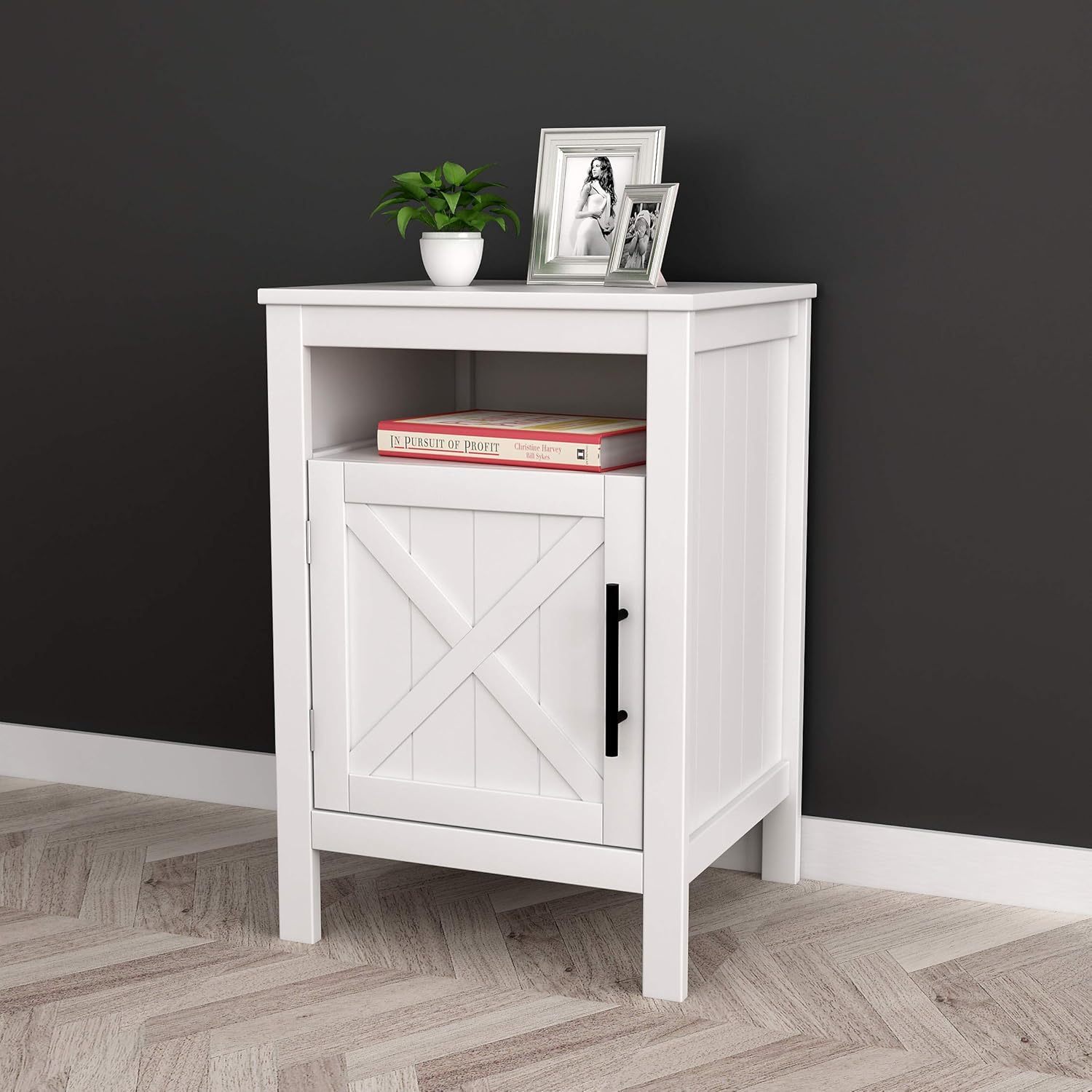 White Finish Nightstand Side End Table with Door Cabinet and Open Shelf 26" H: Kitchen & Dining