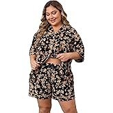 Vozanet Women Pajama Shorts Sets Button Down Lounge Sets Plus Size Summer Sleepwear Texture Printed Cute 2pcs Nighty