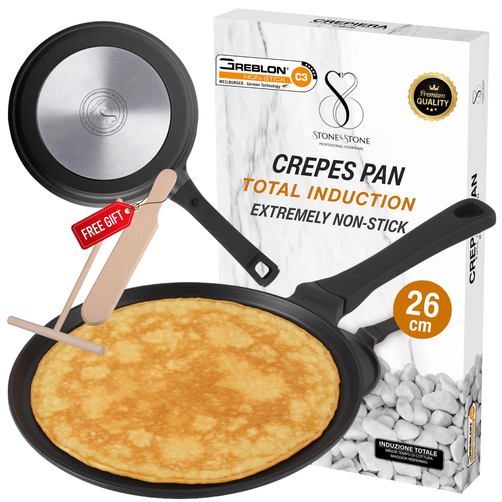Stone&Stone Non-Stick Frying Pan with Stone Coated Lid, Non-Stick Induction Frying Pan, German Greblon PFOA-Free Coating Suitable for All Heat Sources Including 26 cm — image 1