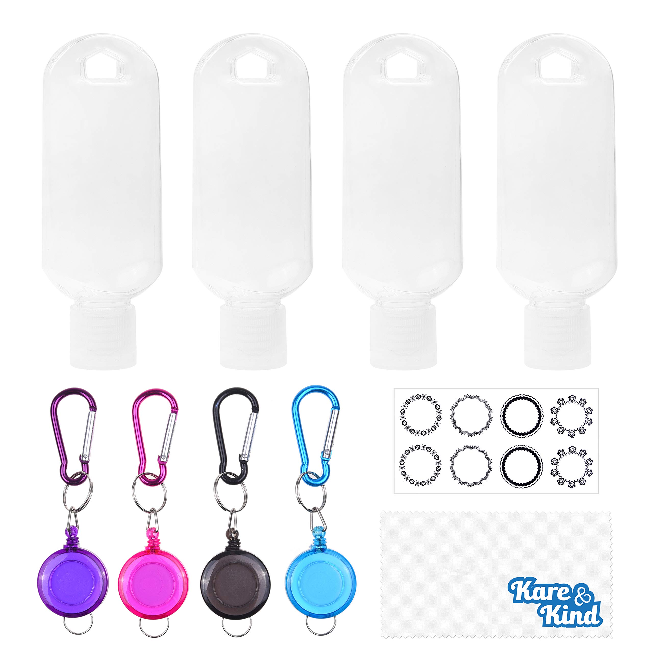 Kare & Kind Clear Portable Travel Bottles - 4x Empty Containers, 4x Carabiner/Retractable Lanyard, 1x Sticker Label Sheets - up to 50 ML -For Hand Sanitizers, Rubbing Alcohol, Liquids, Toiletries