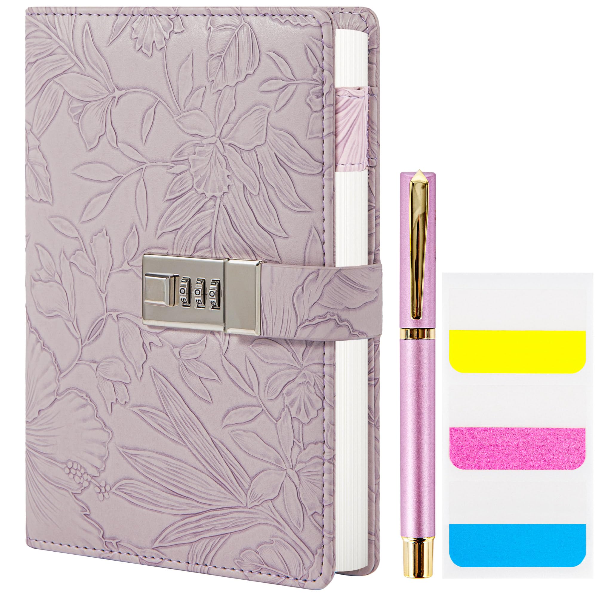 TIEFOSSI Diary with Lock for Women, 3D Embossed Journal with Lock, 224 Pages Wide lined Notebooks, PU Leather with Pen and Stickers Planner Organizer for Women & Men