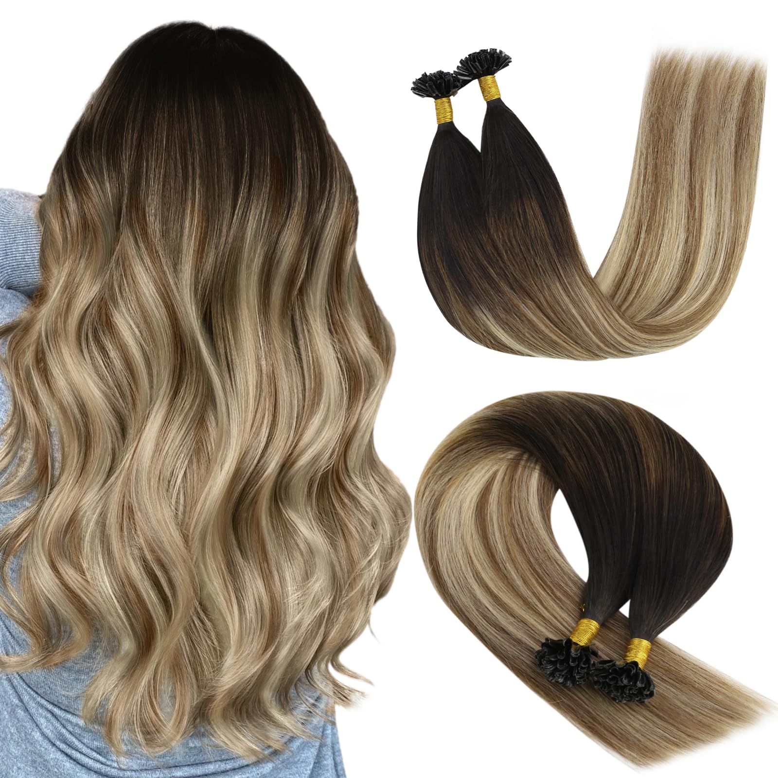 YoungSee U Tip Hair Extensions Human Hair Balayage Utip Extensions Human Hair Dark Brown Ombre Brown with Blonde Hot Fusion for Short Hair 14 Inch 50s/50g