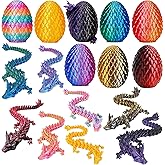 8Pcs 3D Printed Dragon Egg with Articulated Dragons Inside, Realistic 3D Printed Animals, Unique Crystal Dragon Fidget Toy Set, Easter Basket Stuffers & Mythical Pieces Dragon Egg Fillers Gift