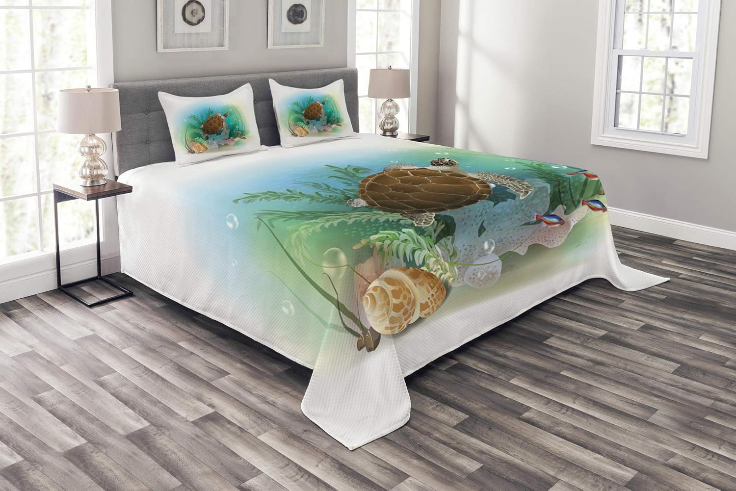 Ambesonne Ocean Bedspread, Sea Turtle Swims in The Ocean Tropical Underwater World Aquarium Illustration Print, Decorative Quilted 3 Piece Coverlet Set with 2 Pillow Shams, Queen Size, Green Brown