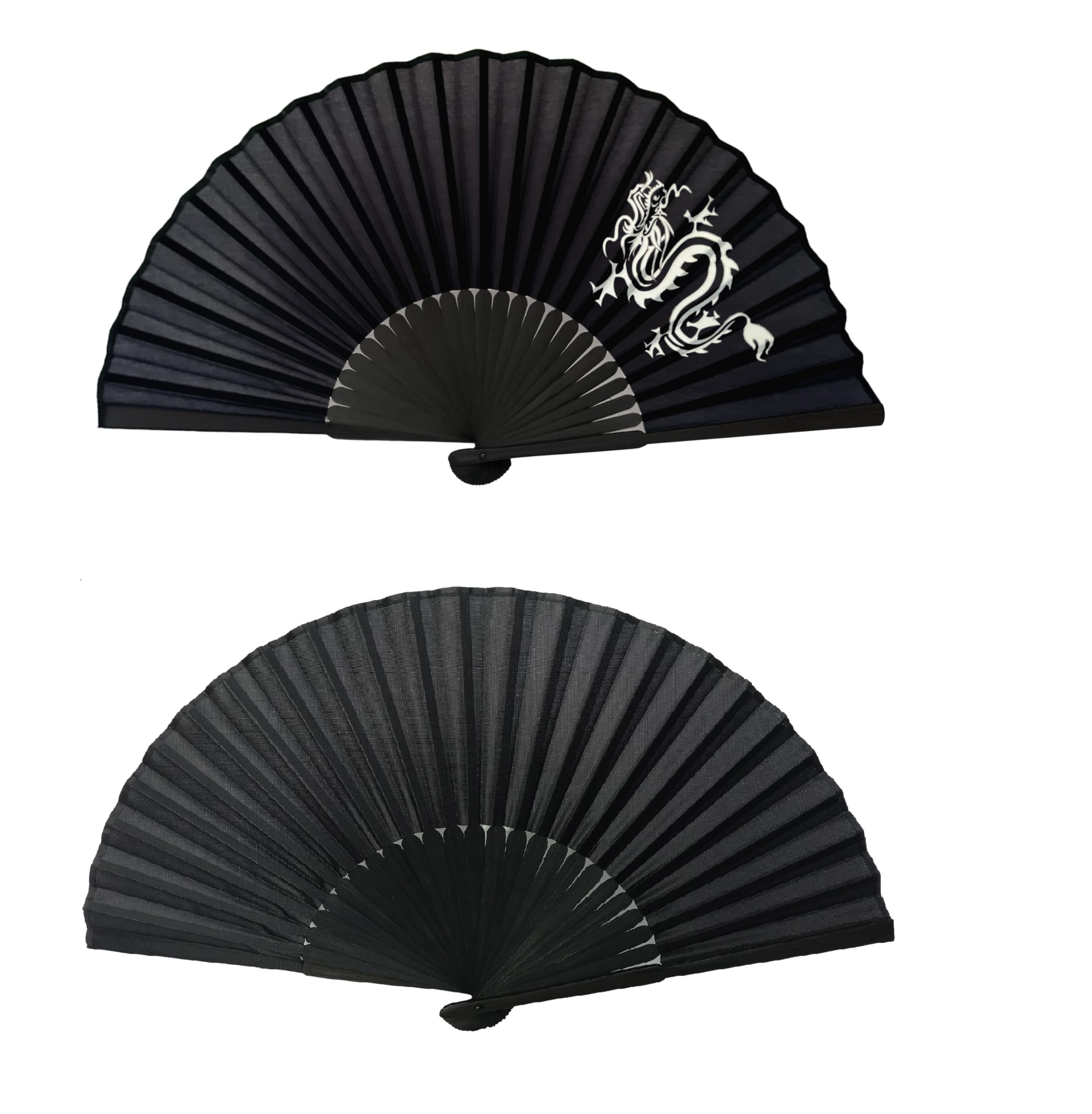 FANSOF.FANS Black Silk Fabric Folding Hand Held Fan with a Pouch Bamboo Ribs Chinese Vintage Handheld Girls Women Wedding Party Favour Gift (Simple Black n Dragon Art)