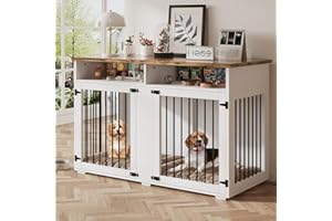 REVOMINCA Dog Crate Furniture for 2 Dogs, 55 Inch Dog Crate Indoor with Removable Divider and Shelf Storage, Wooden Dog Crates for Medium/Large Dogs, White