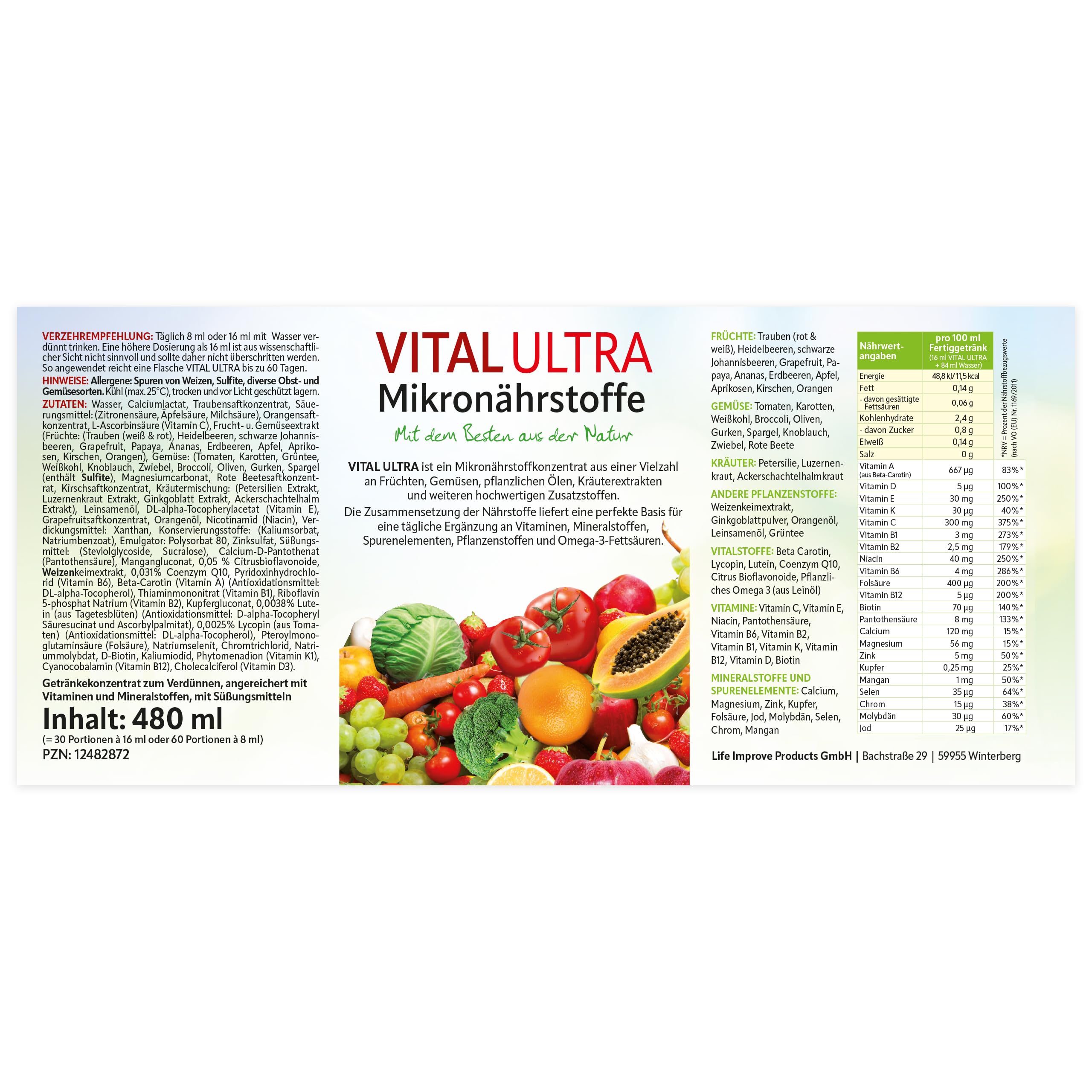 Vital Ultra – 480 ml Mikronährstoffkonzentrat & 30 vegane Kapseln Darm-Symbiotika – Vitamine, Mineralien, Spurenelemente & 23 Bakterienkulturen – hochdosiert 10 Milliarden Keime je Kapsel