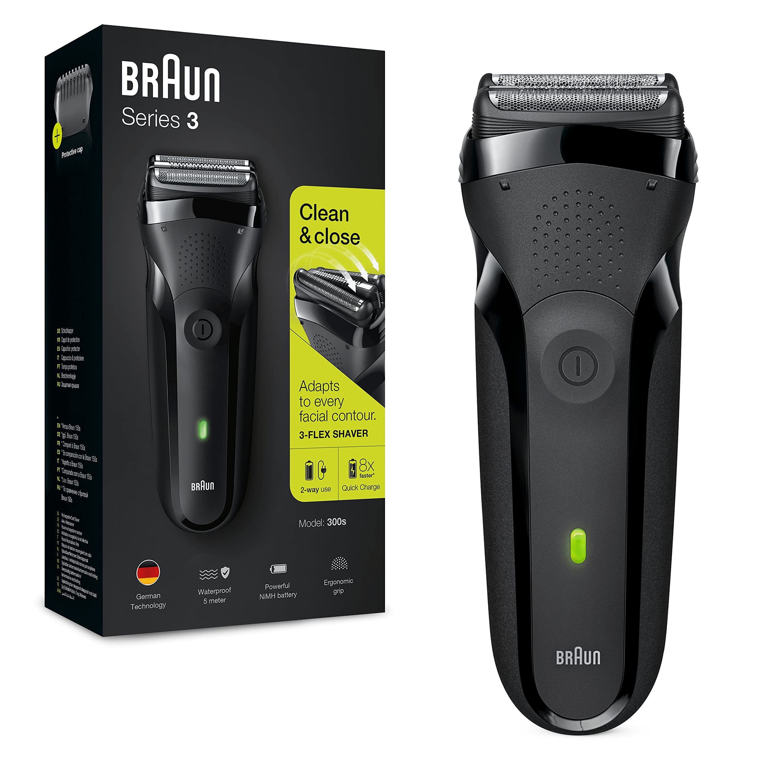 Braun Series 3 Electric Shavers, Electric Razors For Men with Precision Beard Trimmer and 5 Combs, UK 2 Pin Plug, 300s, Black Razor