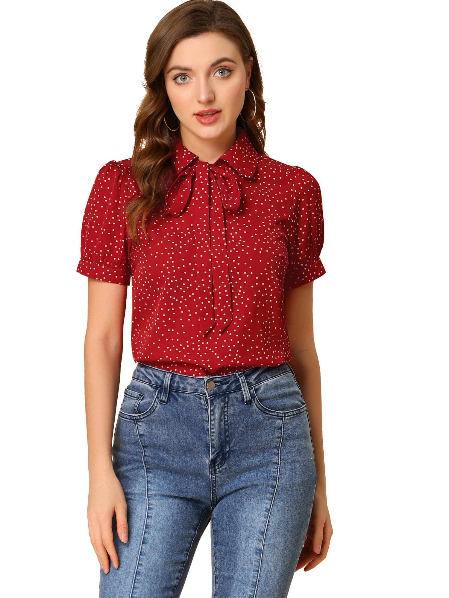 Photo 1 of Allegra K Women's Retro Blouses Printed Bow Tie Peter Pan Collar Chiffon Blouse XX-Large Red-Dots