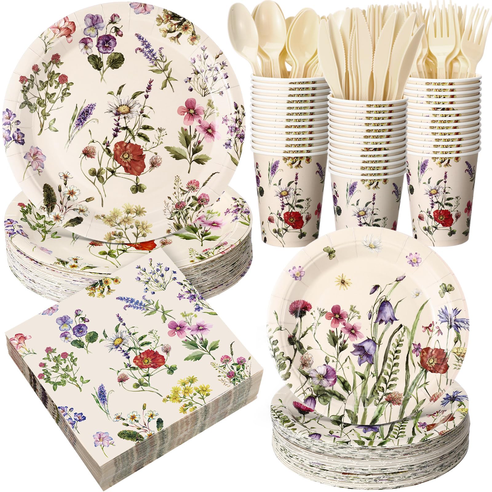 Photo 1 of Sunnychicc 400 Pcs Wild Floral Disposable Paper Plates Napkins Cups Serve 50 Watercolor Floral Tableware Set for Spring Wedding Tea Party Decoration Bridal Shower Baby Shower (Fresh Color,Vivid Style)