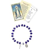 Miraculous Medal Bracelet - Blue Miraculous Jewelry with Our Lady of Grace Miraculous Medal Holy Card, Lord's Prayer Card - 8 Inch Stretch Miraculous Mary Bracelet with Glass Beads - 3 Items Set