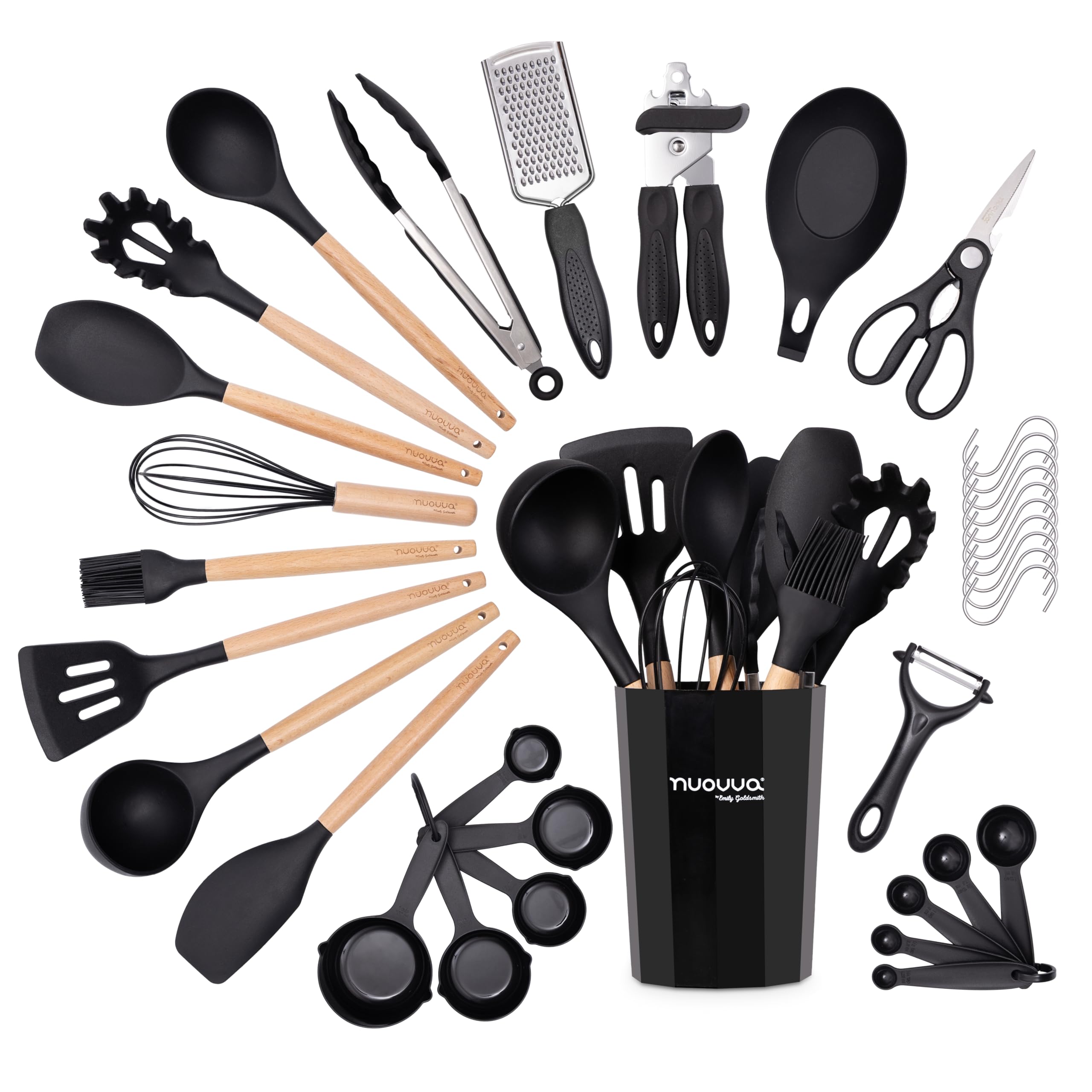 Kitchen Non Stick Cooking Utensils Set – Heat Resistant Silicone Utensils with Wooden Handle – Ladles, Spoons and Spatulas Set – Kitchen Tools & Accessories – 35pcs, Black – by Nuovva