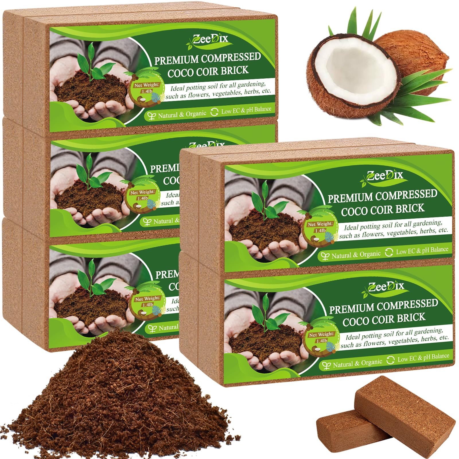 Photo 1 of ZeeDix 10 Pack Premium Coco Coir Brick, Organic Compressed Coconut Coir Bricks Seed Starter Potting Soil for Plants, Coconut Fiber Substrate with Low EC & pH Balance for Gardening Flower Herbs