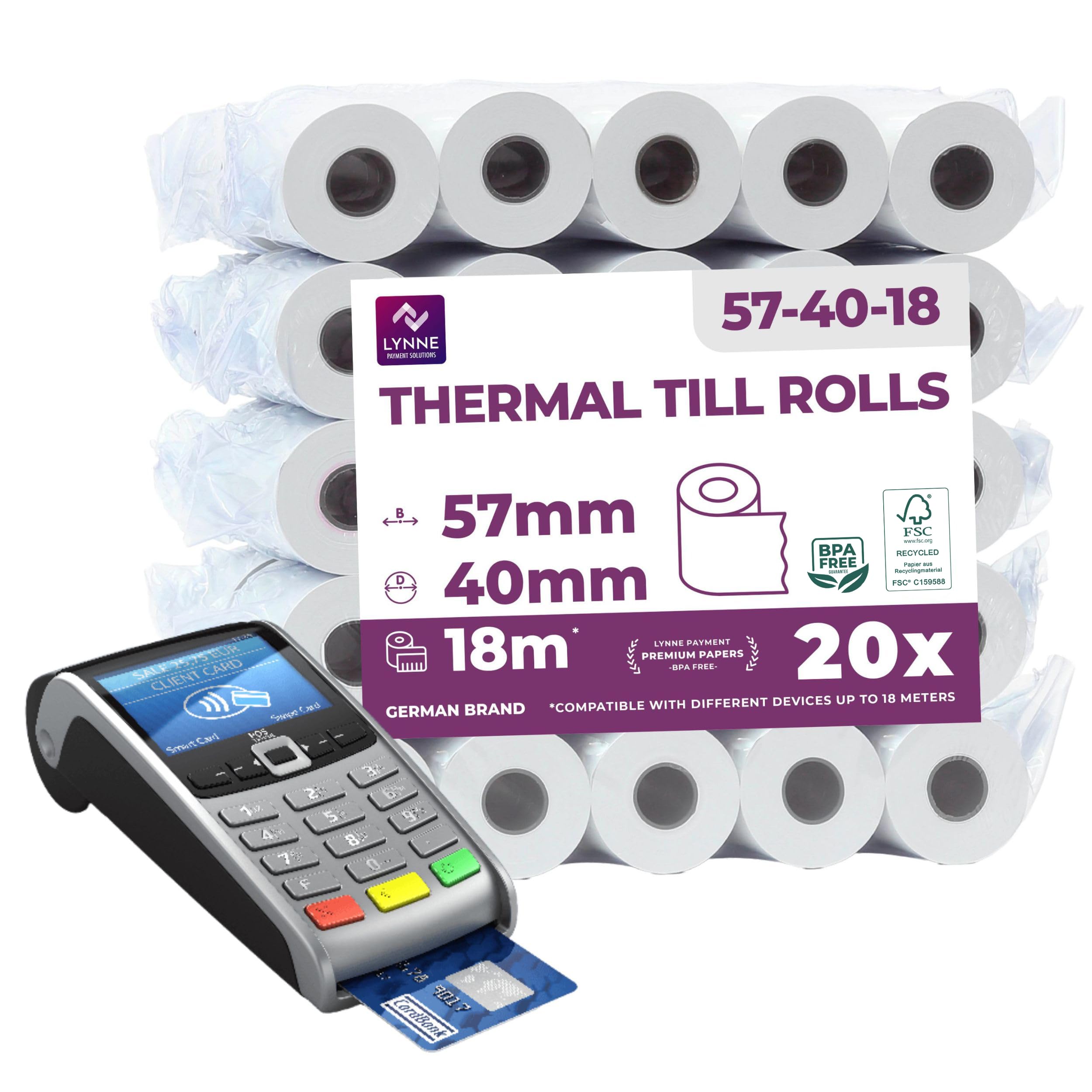 Thermal Till Rolls 57x40 – PDQ Rolls for Cash Register – Credit Card Receipt Paper 57mm x 40m x 12mm - BPA Free (Pack of 20 Rolls)